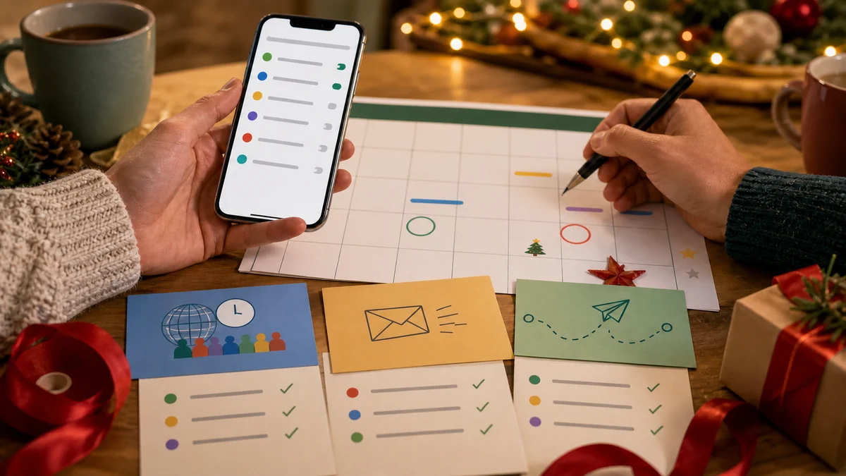 Holiday planning table with an abstract message timeline, calendar, and reviewed fallback checklist. Holiday planning table with an abstract message timeline, calendar, and reviewed fallback checklist.